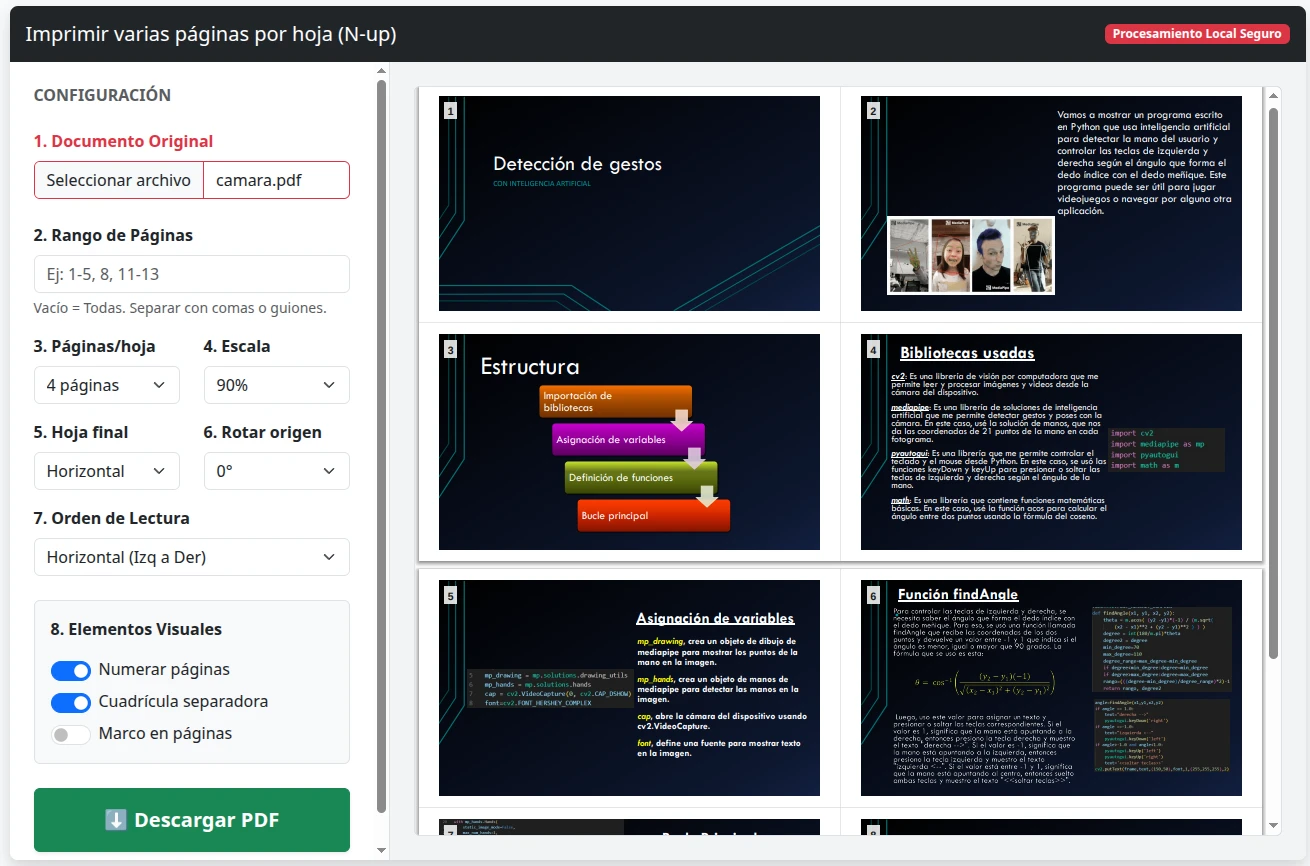Interfaz del Generador PDF N-up